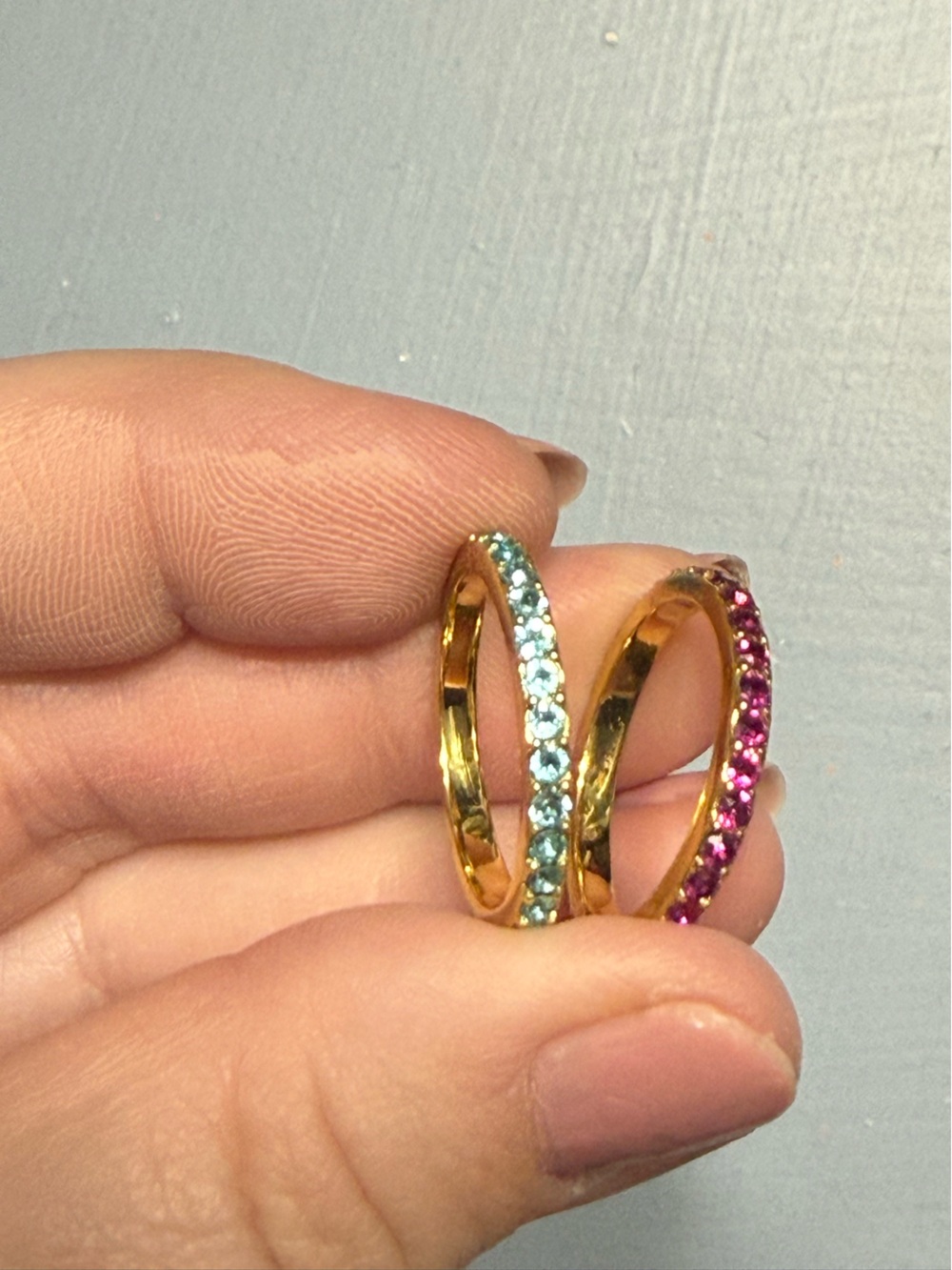 J. Crew Gold Stackable Rings with Aqua and Fuchsia Crystals